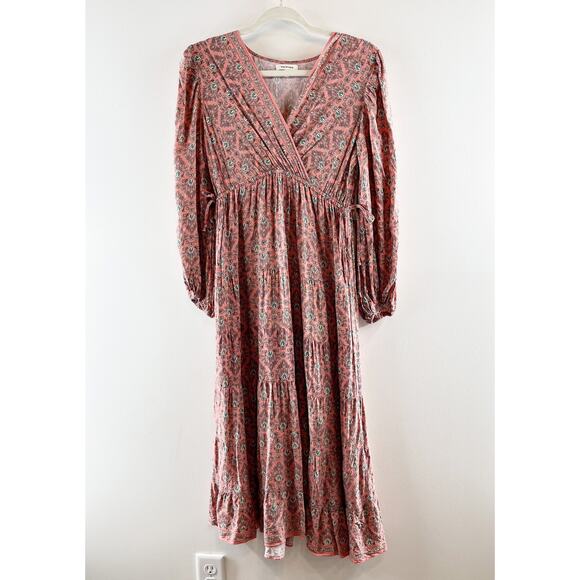 Max Studio Long Sleeve V Neck Printed Midi Dress Maroon Red Small - Picture 3 of 11